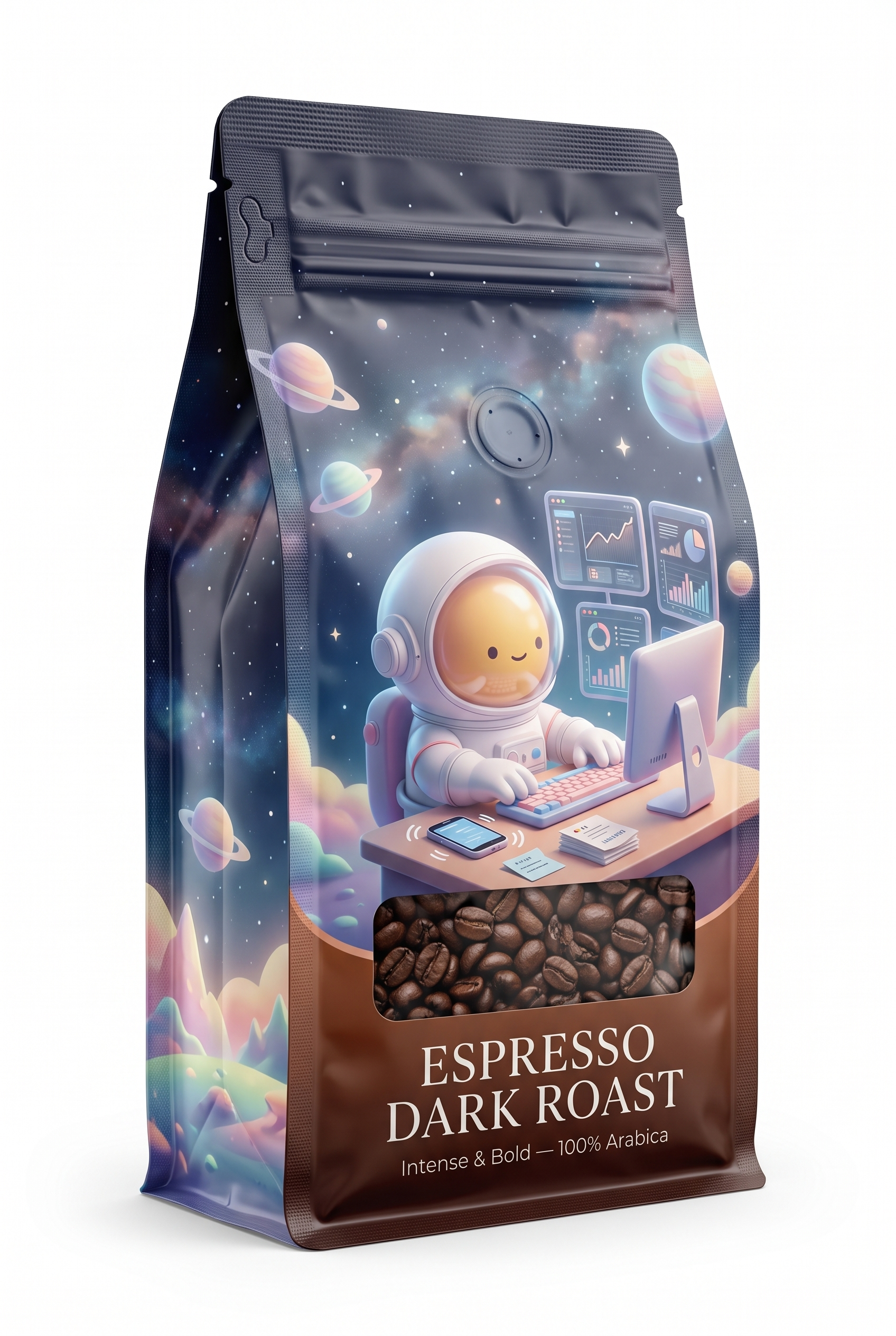 A stand-up coffee bag with a glossy space-themed illustration showing an astronaut at a desk with planets and charts in the background. The lower portion is brown with the text 'ESPRESSO DARK ROAST' and 'Intense & Bold - 100% Arabica'.