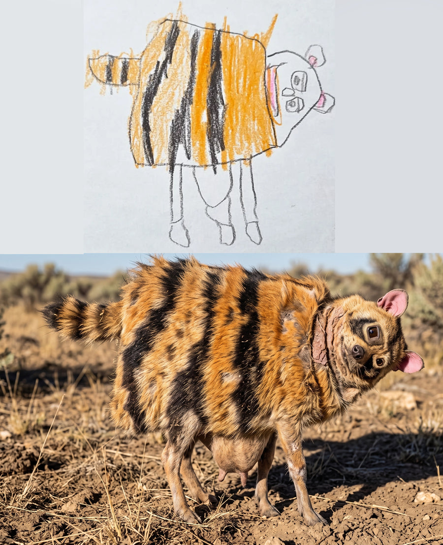 A child's drawing of a flamingo whose neck is longer than its body, beside the photographed version.