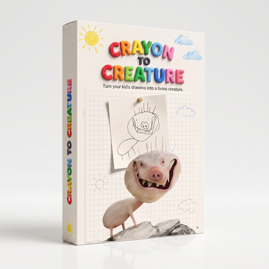 Crayon to Creature course cover: a child's pen drawing of a pig-faced creature beside the photorealistic animal made from it