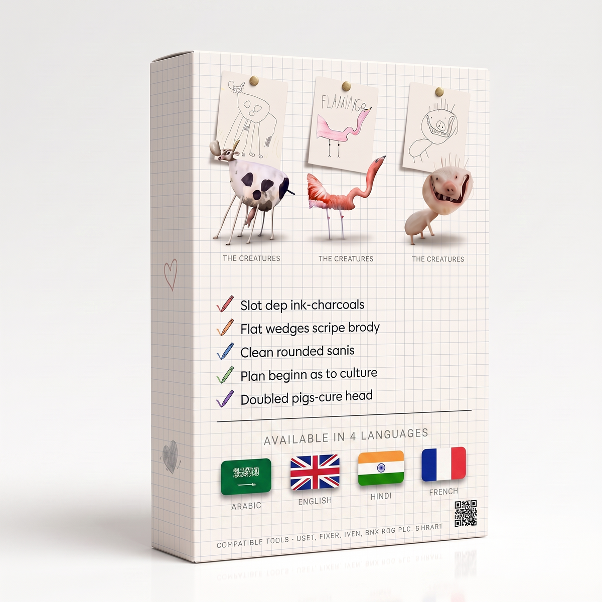 Crayon to Creature back cover: children's drawings of a cow, a flamingo and a pig creature, each turned into a realistic animal